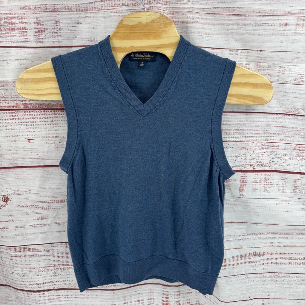 Brooks Brothers Sweater Vest Mens Medium Brookstech Merino Wool Blue V-Neck